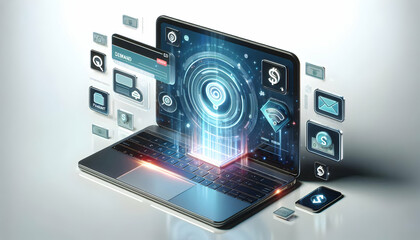 3D Holographic Laptop with Floating Demand and Payment Icons concept as A laptop displayed on a glossy white surface with holographic demand and payment icons floating above. The design leaves a large