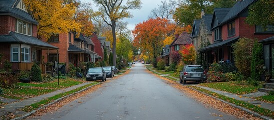 Fototapeta premium A quiet residential street lined with colorful autumn foliage and parked cars.