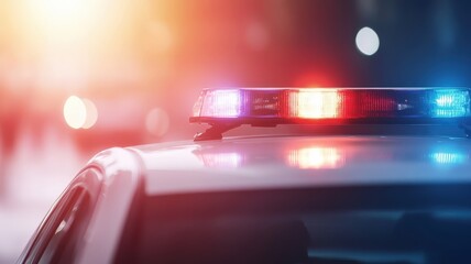 Defocused Police Lights Reflecting Off Glass Surface