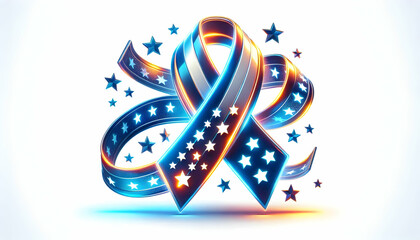 Fototapeta premium 3D Glowing Patriotic Ribbon and Cluster of Stars - Glossy Holographic Symbolic Image with Copy Space for Veterans Day Commemorations and Patriotic Messages