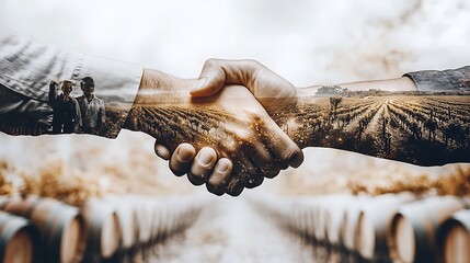 A handshake intertwined with vineyards, wine barrels, and winemakers, symbolizing collaboration in the wine and beverage industry.