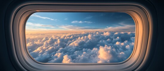 Fototapeta premium An airplane window view of a beautiful sunset over fluffy white clouds.