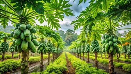 Fototapeta premium A lush papaya orchard thrives in the rainy season, vibrant green leaves shimmering under a gentle canopy of
