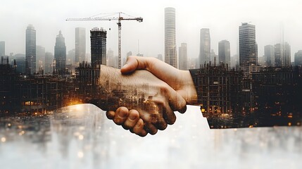 A handshake merged with a bustling urban construction scene, featuring cranes, skyscrapers under construction, and construction workers. The white background highlights the dynamic industrial theme.