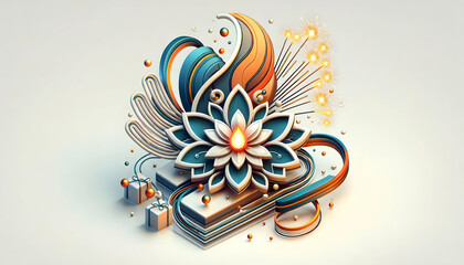 3D Isolated Rangoli Design with Sparkler Lines - Elegant Minimalistic Vector Art on White Background, Cultural Symbolism and Festive Energy