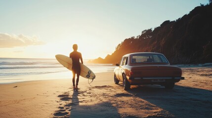 Man placing surfboard into vehicle at the beach, ready for a day of waves and sunshine