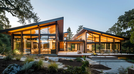 Fototapeta premium A beautifully designed house with large windows and a solar orientation, where sunlight naturally heats the interior, casting warm, golden light across energy-efficient materials