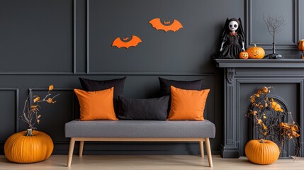 Halloween-themed living room with orange accents, pumpkins, and decorations.