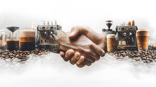 A handshake overlaid with coffee beans, espresso machines, and baristas preparing drinks, symbolizing innovation in the coffee industry. The white background highlights the clean,