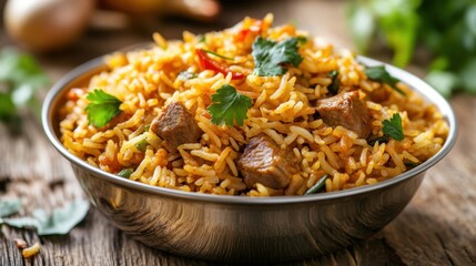 Fototapeta premium A vibrant metal bowl filled with aromatic biriyani, showcasing layers of spiced rice, tender meat, and colorful herbs. The dish is garnished with fried onions and served on a rustic wooden table.