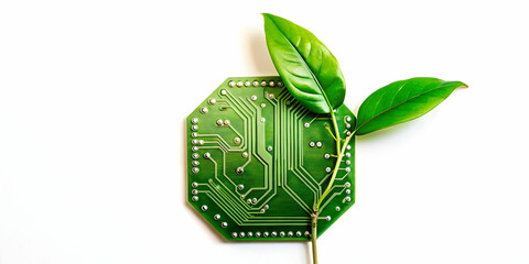 Obraz premium Eco-Friendly Technology: Flat Macro Illustration of a Green Leaf Sprouting from a Circuit Board, Highlighting Growth and Sustainability in ESG Goals