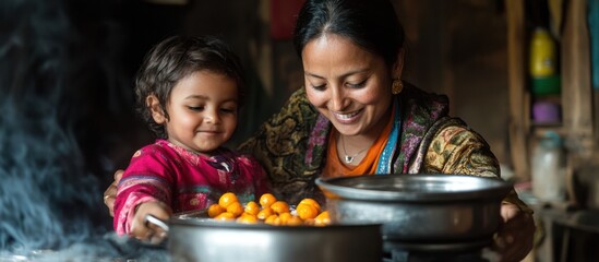 Fototapeta premium A mother and her young daughter are cooking together in a rustic kitchen, with a pot of food on the stove and a small child reaching for something.