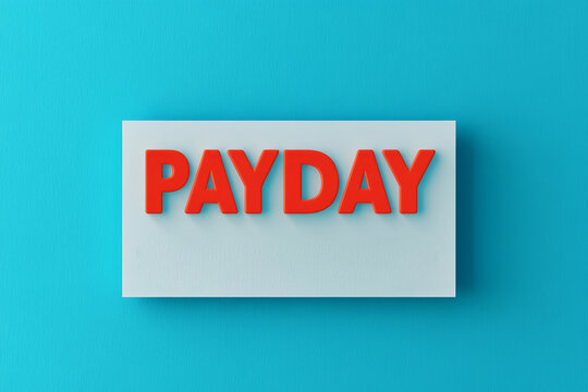 Pay day banner, paycheck stub with bold "PAYDAY" text, celebratory theme, 3D illustration