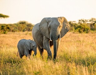 Fototapeta premium Majestic Adult and Young Elephant in African Savannah