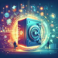 Obraz premium Flat Abstract Digital Vault with Holographic Elements - Creative Vector Art Symbolizing Financial Security and Savings in a Vibrant Digital Space.