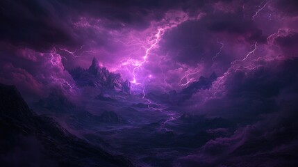 Purple Lightning Storm Over Mountains