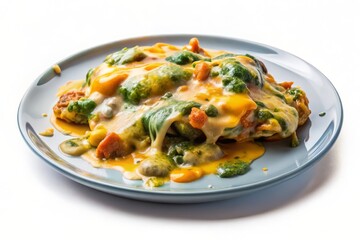 A whimsical illustration of a plate filled with slimy, unappetizing food set against a crisp white background, perfect