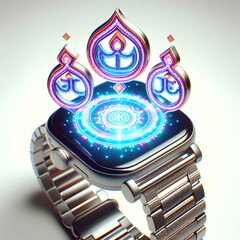 Fototapeta premium 3D Smartwatch Featuring Holographic Bhai Dooj Icons - Glossy Design with Floating Symbols on Clean White Background - Top Down Camera Angle Highlighting Unique 3D Concept