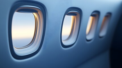 3D rendering of airplane windows on a blue background, highlighting tourism, travel, holiday vacations, and worldwide journeys, evoking the excitement of global exploration