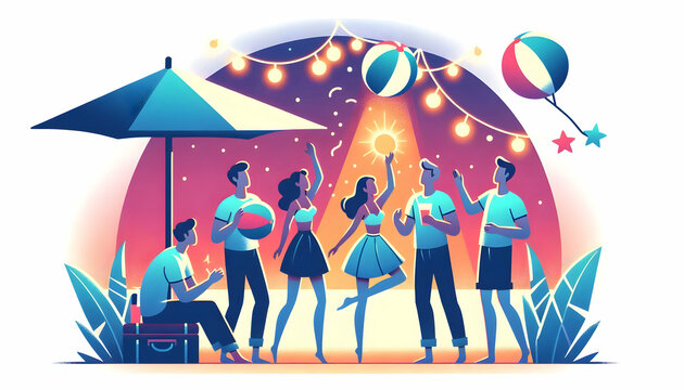 Flat Vector Illustration of Friends Joyfully Playing with Glowing Beach Balls at a Vibrant Summer Beach Party Celebration, Capturing the Fun and Happiness of Annual Gatherings