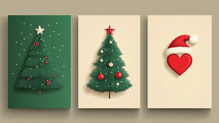 Fototapeta premium Colorful Christmas decorations with three festive designs: trees and a heart ornament