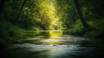 Fototapeta premium Tranquil River Flowing Through Lush Green Forest