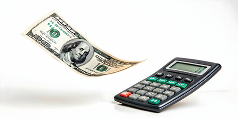 Fototapeta premium A Floating Dollar Bill and Calculator Spinning in Mid Air on White Background Symbolizing Financial Planning and Budgeting - Perfect for Ads on Budgeting Apps and Consumer Finance