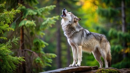Naklejka premium Forced perspective image of Canadian timberwolf howling on forest edge
