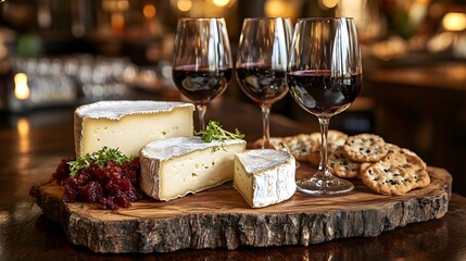 A close-up of a cheese and wine pairing displayed on a rustic wooden board with rich warm tones