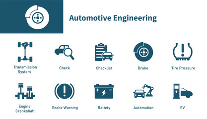 Automotive engineering icon. Set of solid vector symbols on the theme of car, brakes, engines, electric vehicles, transmission systems, tire pressure.