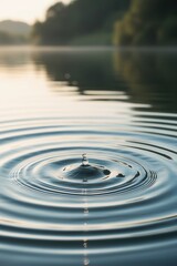 Close-up of water droplet causing expanding ripples in a calm body of water