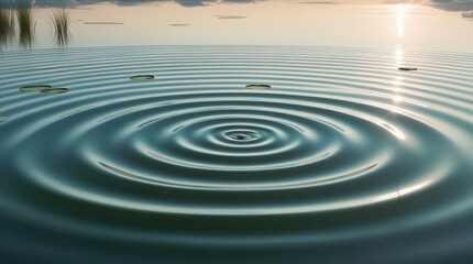 Water ripples in calm body of water, soft lighting from sunrise or sunset