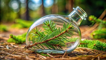Forced perspective image of fallen spruce needles in a glass flask