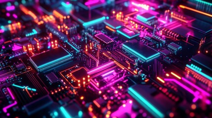 Obraz premium Abstract circuit board with glowing neon lights.