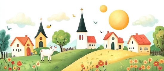 Fototapeta premium A charming countryside village scene with a cow grazing in a field, a church, and colorful houses under a bright sun.