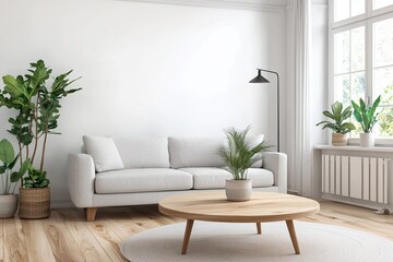 Modern Scandinavian interiors in a neat living room with white-finished living room walls and sofas and tables. Generative AI
