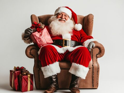 A man dressed as Santa Claus sitting in a chair holding a present