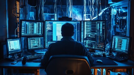 Obraz premium A man sitting at a desk in front of multiple computer monitors