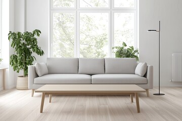 Modern Scandinavian interiors in a neat living room with white-finished living room walls and sofas and tables. Generative AI
