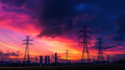 Silhouetted Power Lines Against a Vibrant Sunset