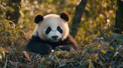 Obraz premium A Cute Panda Cub Sitting in the Forest