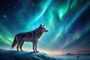 Forced perspective image of wolf capturing Aurora Borealis in night sky