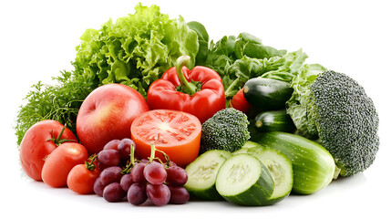 Composition with fresh vegetables and fruits isolated on white background