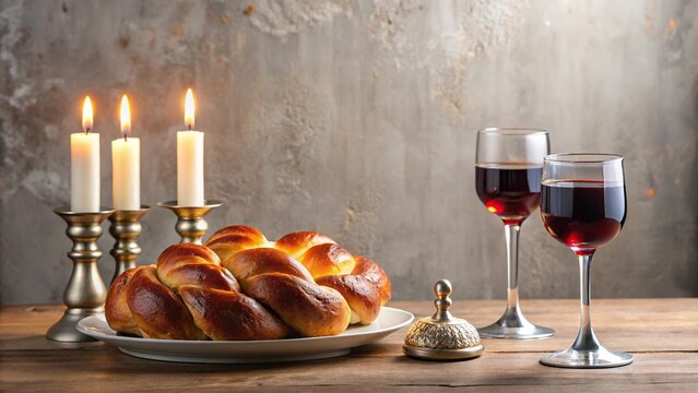 Forced perspective Jewish Shabbat dinner table with Challah bread, red wine, white candles, and a siddur
