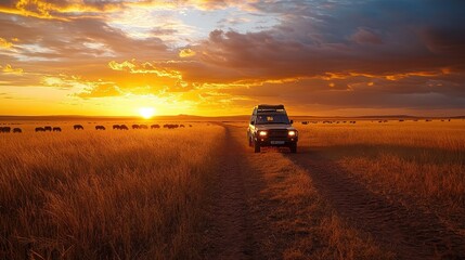 Fototapeta premium An adventurous safari scene in the Serengeti, Tanzania, with majestic wildlife, vast savannahs, and a golden sunset.