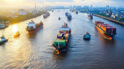 Naklejka premium bustling river scene with multiple cargo ships navigating through water, showcasing vibrant activity of trade and transportation. warm sunlight reflects off river, creating dynamic atmosphere