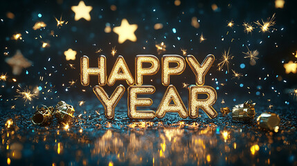 Golden 'Happy New Year' text with sparkling stars and confetti on dark blue background.