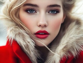 A woman in a red coat with a fur collar