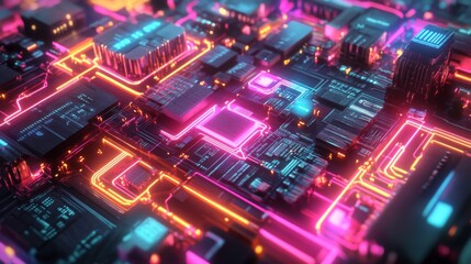 Obraz premium Abstract neon circuit board with glowing lines and colorful components.