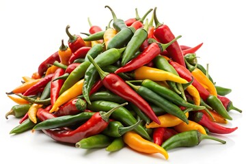 Forced perspective mixed chili pile isolated on white background